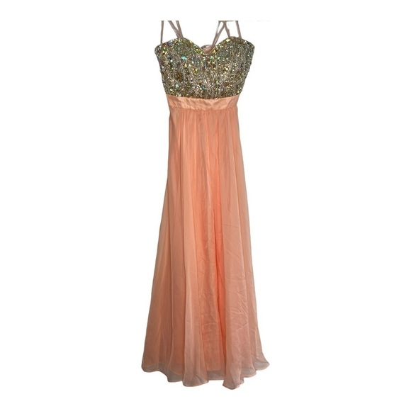 La Femme Beaded Prom Dress Size 0 Peach Orange Chiffon Strapless Sweetheart - Picture 1 of 12